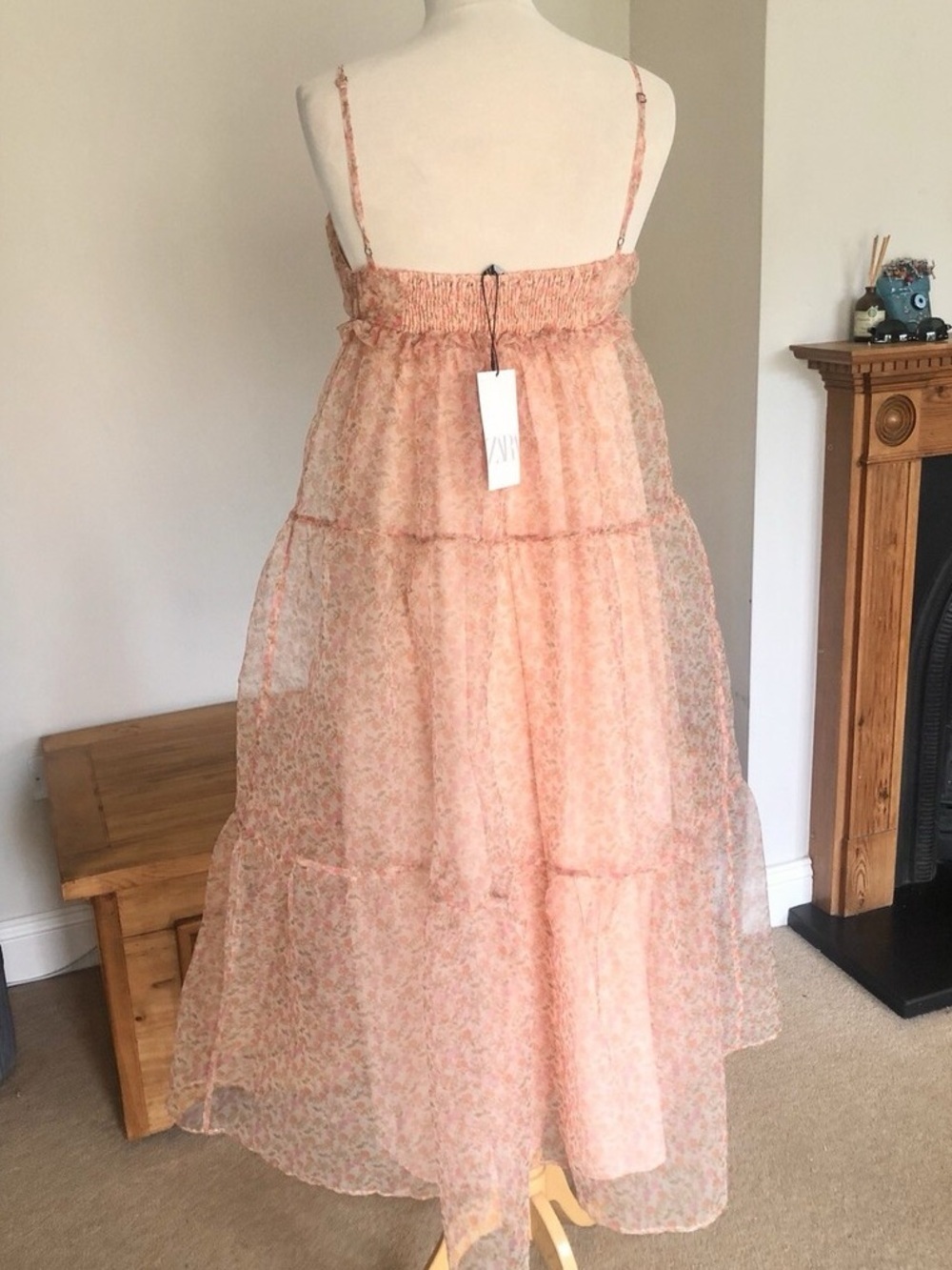 Zara Long ORGANZA FLORAL DRESS RUFFLED STRAP FLOWY BLOGGER FAVORITE SIZE S NWT - Picture 3 of 10